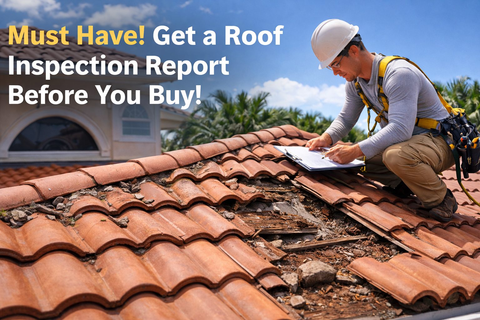 Roof inspector from roofing companies near me checking damaged tile roof before home purchase