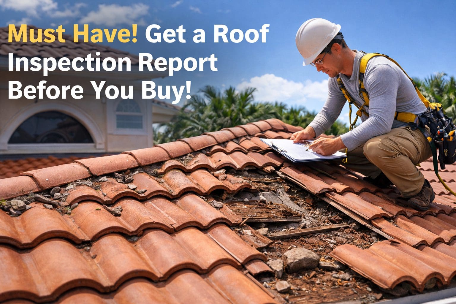 Must Have! Get a Roof Inspection Report Before You Buy! 4 Roof inspector from roofing companies near me checking damaged tile roof before home purchase